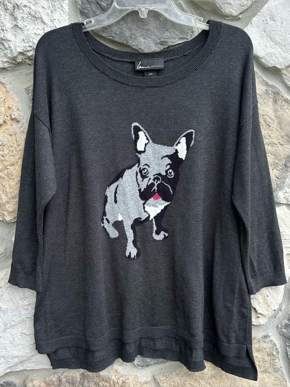 Lane Bryant Frenchie Sweater Size XL (14/16) Cute Novelty Dog Lover Gray Knit